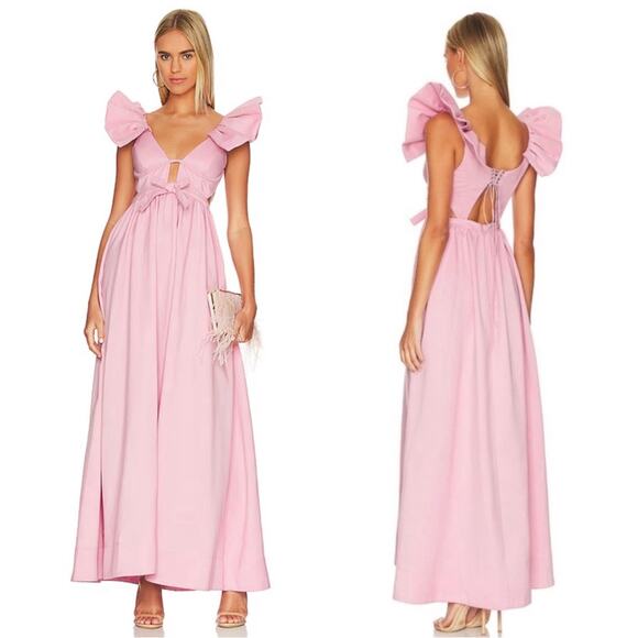 For Love & Lemons Miriam Ruffle Sleeve Bow Detail Pink Maxi Dress Sz Small - Picture 2 of 15
